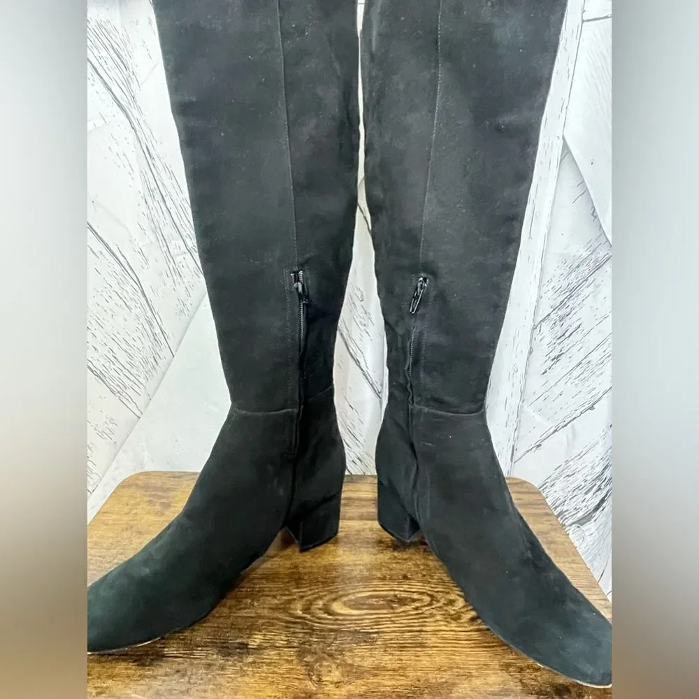 HALOGEN Scarlett Over The Knee Boots Black Suede Block Heel Back Slit 9.5